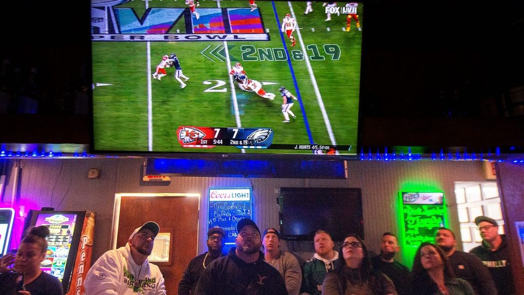 At Five Points Sports Bar, in Levittown, Philadelphia Eagles fans watch first quarter action, in Super Bowl LVII, in Arizona, on Sunday, Feb. 12, 2023.