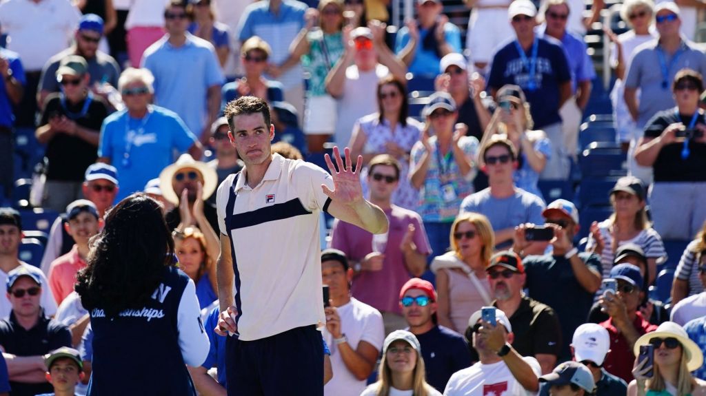 Aug 31, 2023; Flushing, NY, USA; John Isner of the United States is interviewed on court after his second round match against Michael Mmoh of the United States on day four of the 2023 U.S. Open tennis tournament at the USTA Billie Jean King National Tennis Center.
