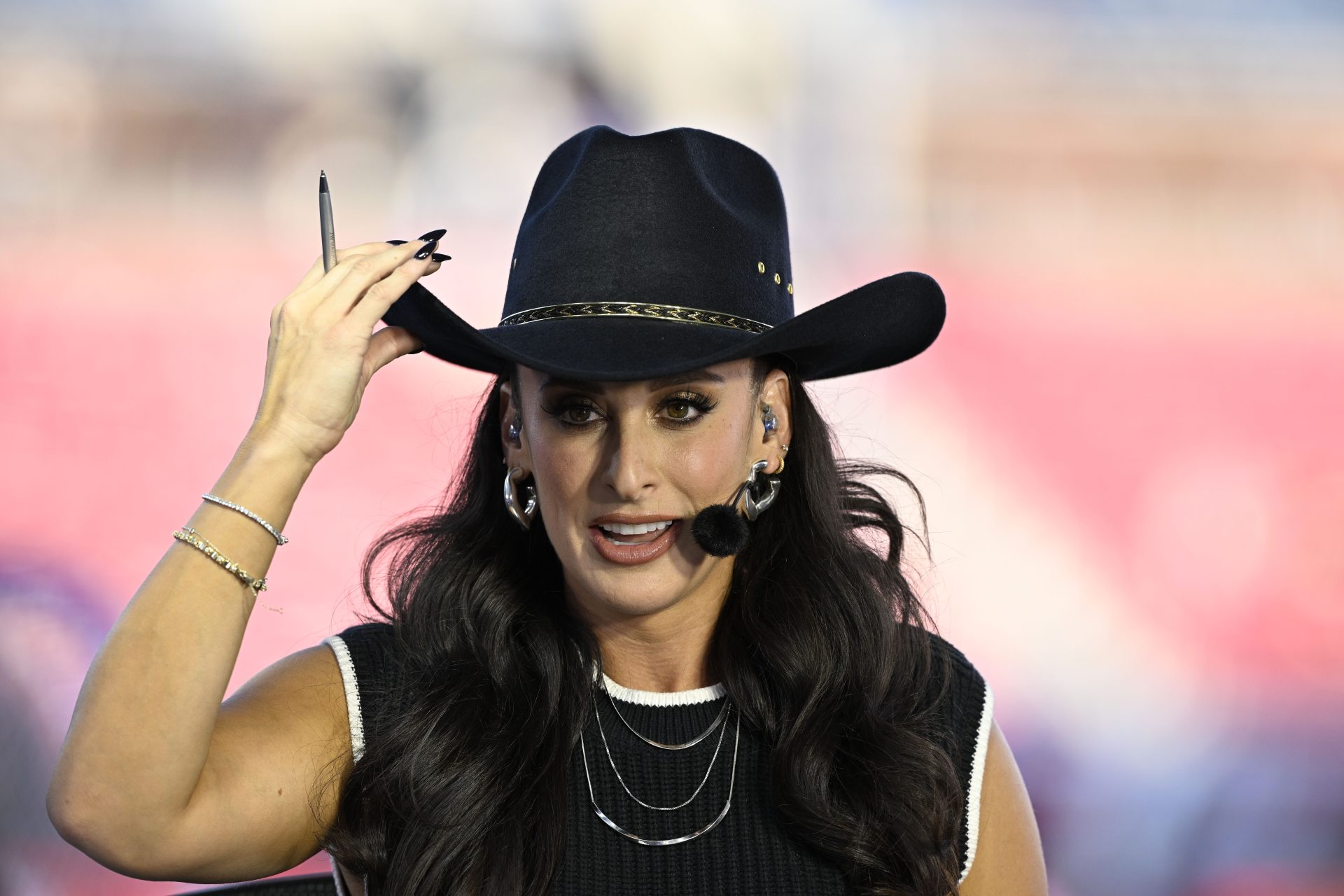 Sep 28, 2024; Dallas, Texas, USA; ACC Network commentator Taylor Tannebaum before the game between the Southern Methodist Mustangs and the Florida State Seminoles at Gerald J. Ford Stadium.