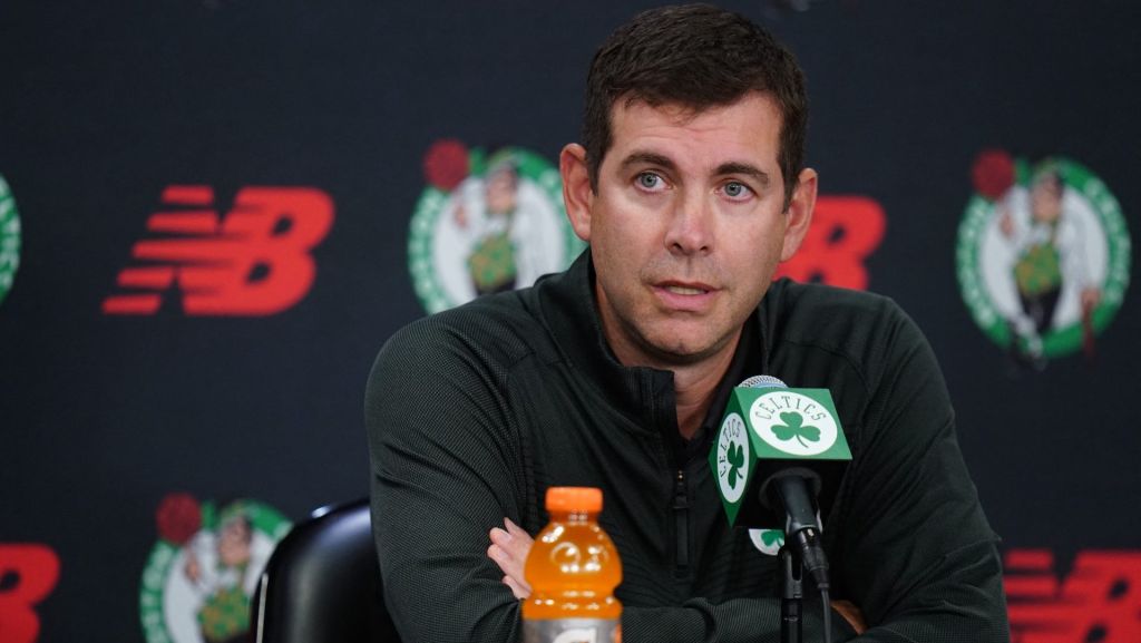Sep 29, 2025; Boston, MA, USA; Boston Celtics president of basketball operations Brad Stevens talks to reporters during media day at the Auerbach Center. Mandatory Credit: David Butler II-Imagn Images