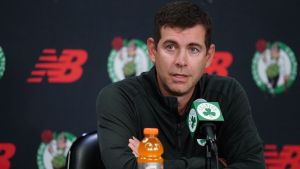 Sep 29, 2025; Boston, MA, USA; Boston Celtics president of basketball operations Brad Stevens talks to reporters during media day at the Auerbach Center. Mandatory Credit: David Butler II-Imagn Images