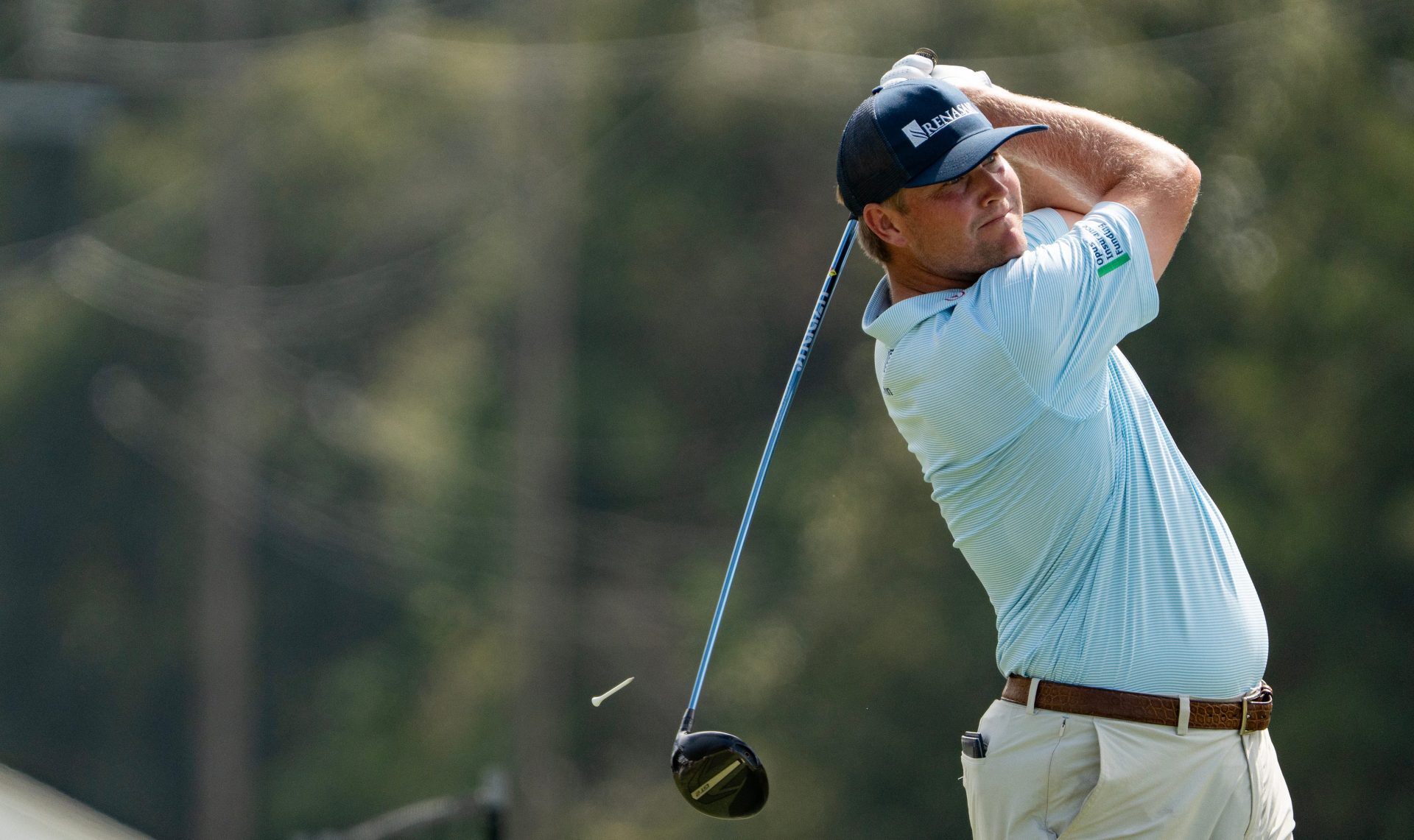 Trey Mullinax tees off during the final round of the Sanderson Farms Championship at the Country Club of Jackson in Jackson, Miss., on Sunday, Oct. 5, 2025.