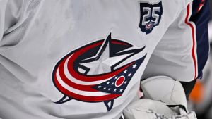 Oct 21, 2025; Dallas, Texas, USA; A view of the Columbus Blue Jackets logo and Ohio 25 logo during the game between the Stars and the Blue Jackets at the American Airlines Center. Mandatory Credit: Jerome Miron-Imagn Images
