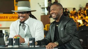 Cam Newton and Ryan Clark share a laugh during ESPN First Take at Bethune-Cookman University during the shows HBCU fall tour, Thursday, Nov. 20, 2025.