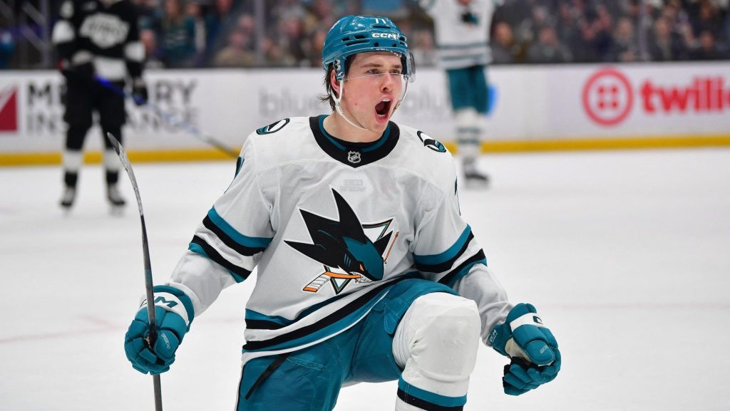Jan 7, 2026; Los Angeles, California, USA; San Jose Sharks center Macklin Celebrini (71) celebrates his goal scored against the Los Angeles Kings during the third period at Crypto.com Arena