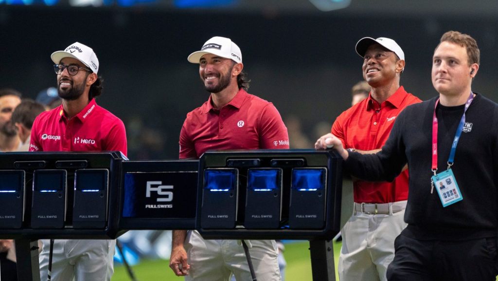 Aksha Bhatia, Max Homa, and Tiger Woods of Jupiter Links before a TGL match against New York Golf Club at SoFi Center on January 13, 2026, in Palm Beach Gardens, Florida.
