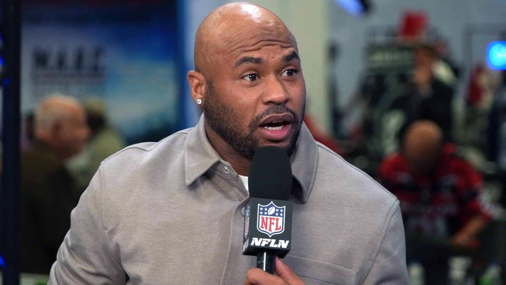 Feb 4, 2026; San Francisco, CA, USA; Carolina Panthers former receiver Steve Smith Sr. on the NFL Network set at the Super Bowl LX media center at the Moscone Center. Mandatory Credit: Kirby Lee-Imagn Images