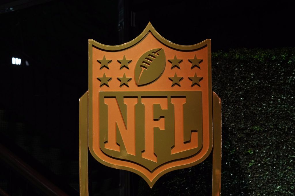 Feb 5, 2026; San Francisco, CA, USA; A NFL shield logo at the NFL Honors Red Carpet before Super Bowl LX at Palace of Fine Arts.