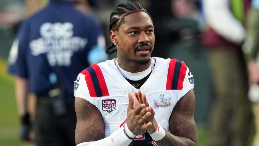 Feb 8, 2026; Santa Clara, CA, USA; New England Patriots wide receiver Stefon Diggs (8) during halftime against the Seattle Seahawks in Super Bowl LX at Levi's Stadium. Mandatory Credit: Darren Yamashita-Imagn Images