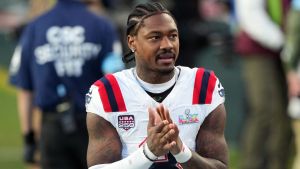 Feb 8, 2026; Santa Clara, CA, USA; New England Patriots wide receiver Stefon Diggs (8) during halftime against the Seattle Seahawks in Super Bowl LX at Levi's Stadium. Mandatory Credit: Darren Yamashita-Imagn Images