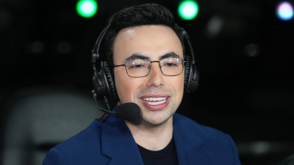 Feb 13, 2026; Inglewood, California, USA; NBC Peacock play-by-play announcer Noah Eagle during an NBA All Star Rising Stars game at Intuit Dome. Mandatory Credit: Kirby Lee-Imagn Images
