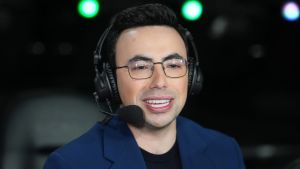 Feb 13, 2026; Inglewood, California, USA; NBC Peacock play-by-play announcer Noah Eagle during an NBA All Star Rising Stars game at Intuit Dome. Mandatory Credit: Kirby Lee-Imagn Images