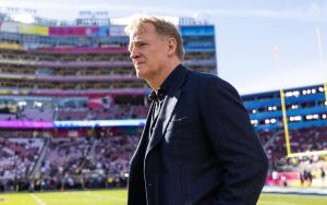 Feb 8, 2026; Santa Clara, CA, USA; NFL commissioner Roger Goodell looks on before Super Bowl LX between the Seattle Seahawks and the New England Patriots at Levi's Stadium