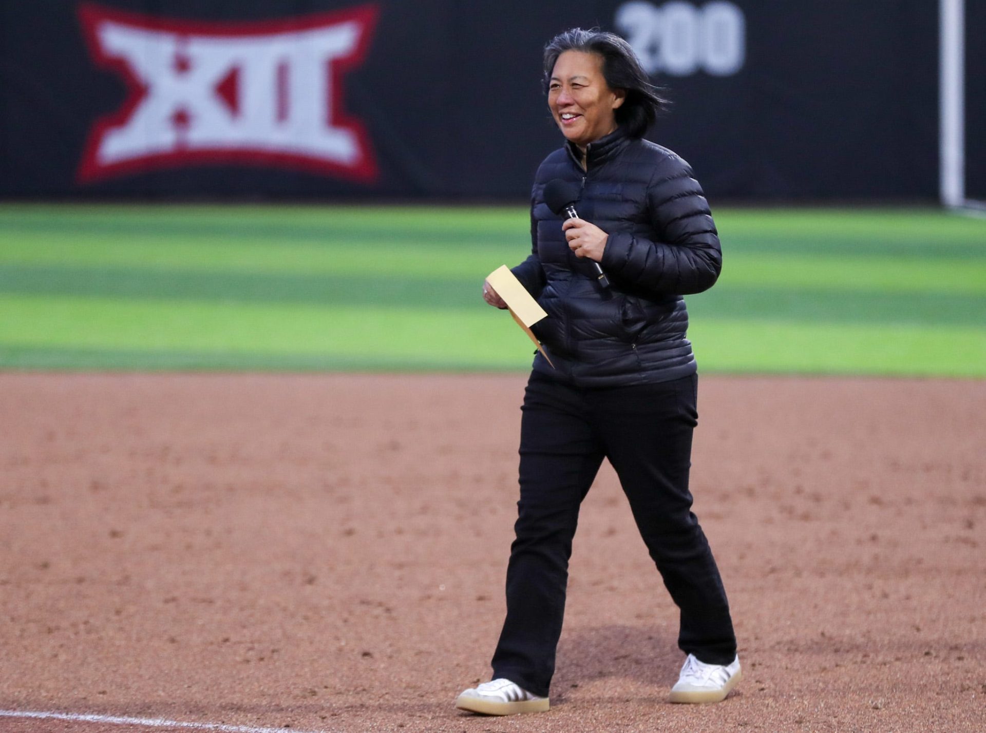 AUSL commissioner Kim Ng walks the field to deliver Texas Tech softball's NiJaree Canady a golden ticket to the AUSL draft, Friday, March 27, 2026, at Tracy Sellers Field.