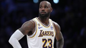 Apr 12, 2026; Los Angeles, California; Los Angeles Lakers forward LeBron James (23) reacts in the first half against the Utah Jazz at Crypto.com Arena. Mandatory Credit: Kirby Lee-Imagn Images
