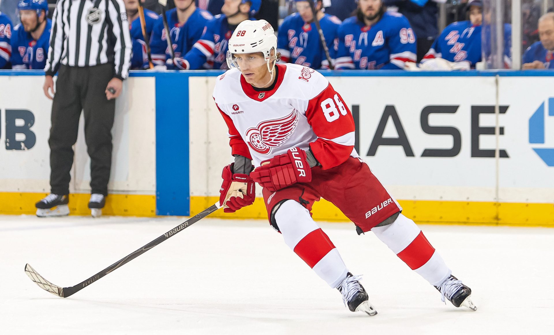 Apr 4, 2026; New York, New York, USA; Detroit Red Wings right wing Patrick Kane (88) skates against the New York Rangers during the second period at Madison Square Garden.