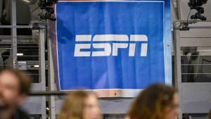 Apr 16, 2026; Fort Worth, TX, USA; A view of the ESPN logo before the semifinals for the 2026 NCAA Women’s Gymnastics National Championships at Dickies Arena. Mandatory Credit: Jerome Miron-Imagn Images