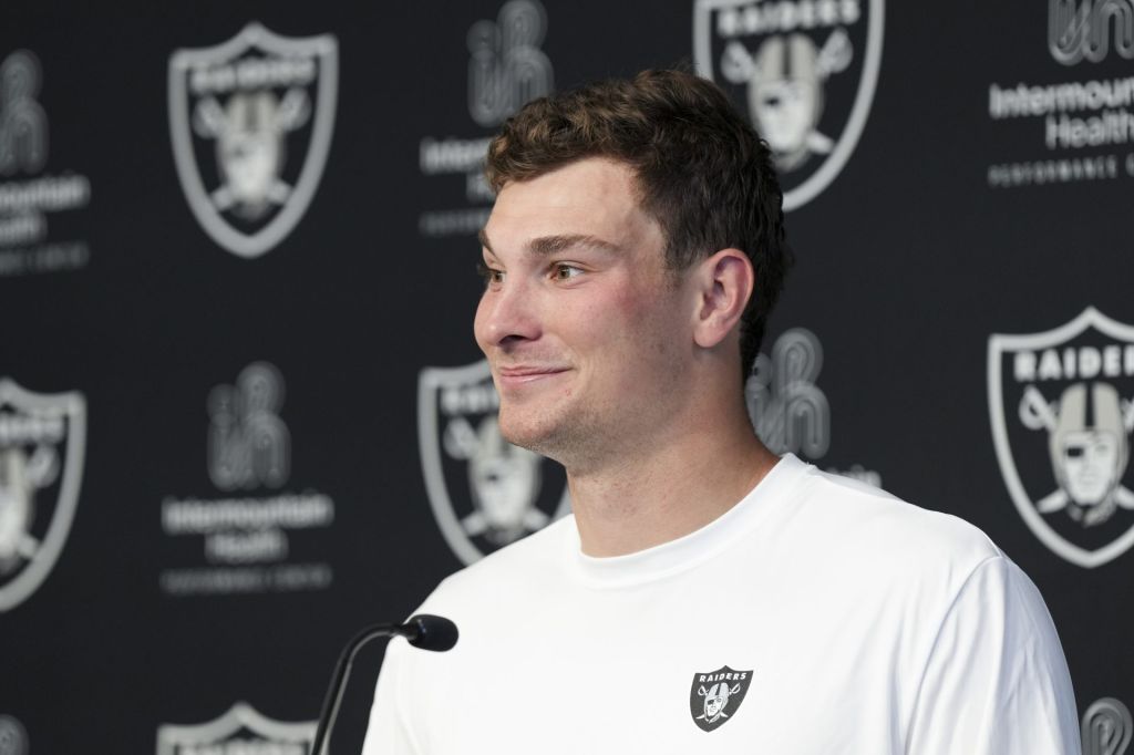 May 2, 2026; Henderson, NV, USA; Las Vegas Raiders quarterback Fernando Mendoza (15) speaks during a news conference at the team’s Rookie Minicamp at Intermountain Health Performance Center.