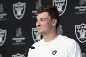 May 2, 2026; Henderson, NV, USA; Las Vegas Raiders quarterback Fernando Mendoza (15) speaks during a news conference at the team’s Rookie Minicamp at Intermountain Health Performance Center.