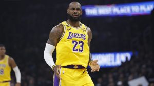 May 7, 2026; Oklahoma City, Oklahoma, USA; Los Angeles Lakers forward LeBron James (23) reacts after a play against the Oklahoma City Thunder in the first half during game two of the second round of the 2026 NBA Playoffs at Paycom Center. Mandatory Credit: Alonzo Adams-Imagn Images