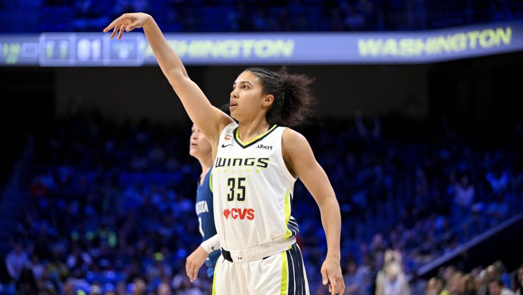 May 14, 2026; Arlington, Texas, USA; Dallas Wings guard Azzi Fudd (35) follows through on a jump shot against the Minnesota Lynx during the second half at College Park Center.