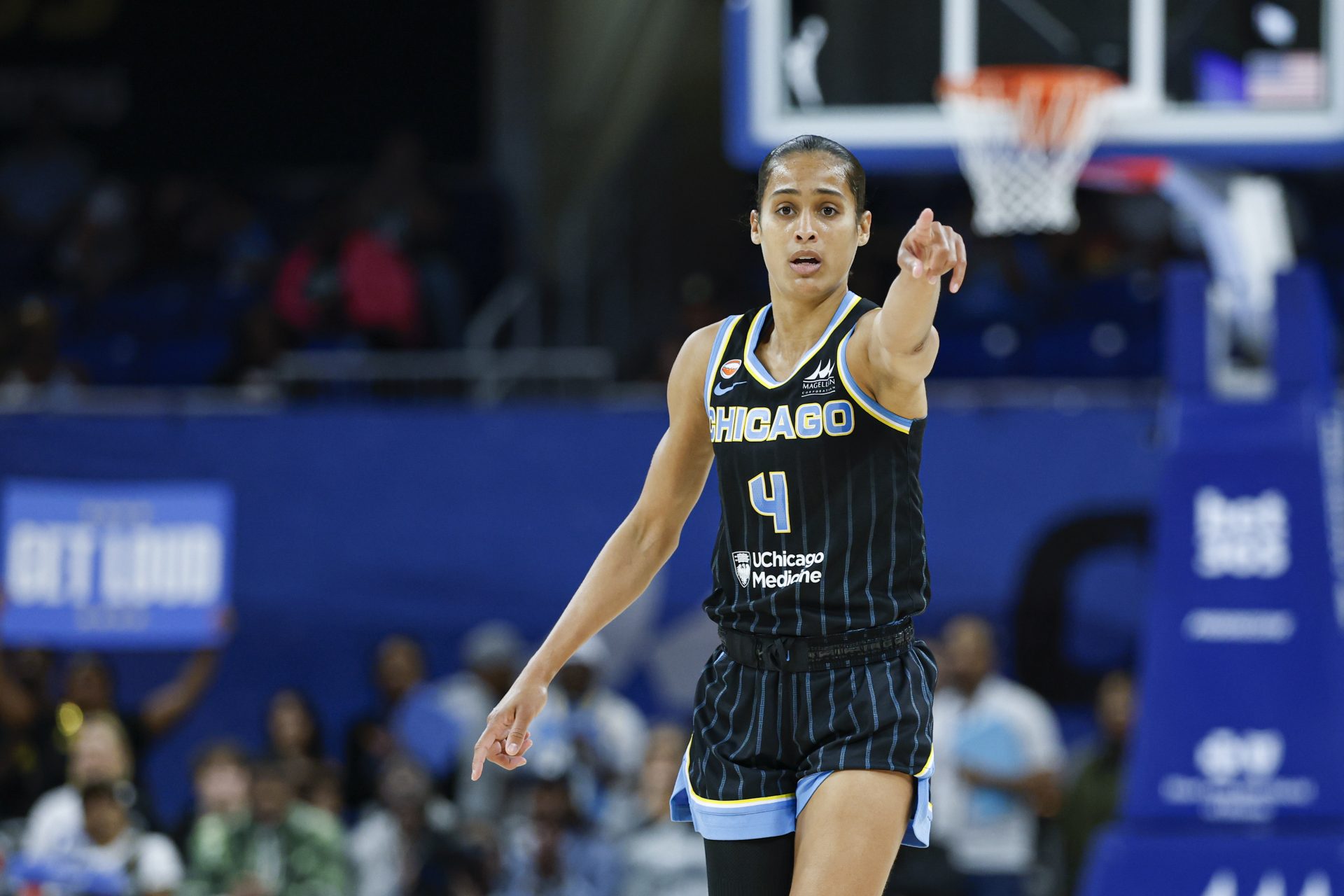 May 27, 2026; Chicago, Illinois, USA; Chicago Sky guard Skylar Diggins (4) reacts against the Toronto Tempo during the first half at Wintrust Arena.