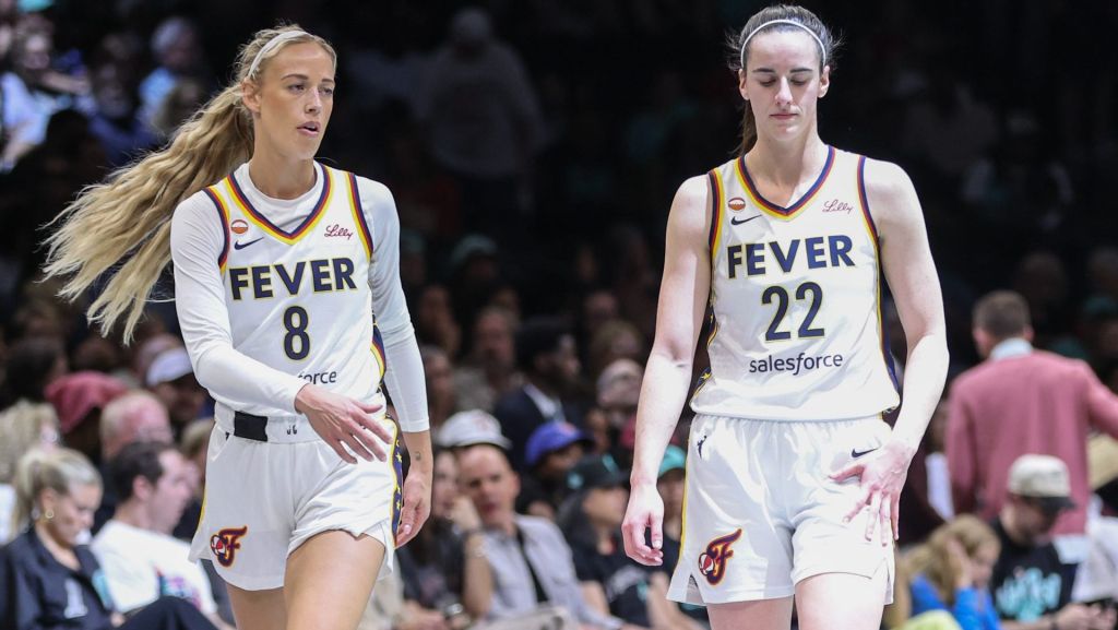 Jun 6, 2026; Brooklyn, New York, USA; Indiana Fever guards Sophie Cunningham (8) and Caitlin Clark (22) at Barclays Center. Mandatory Credit: Wendell Cruz-Imagn Images