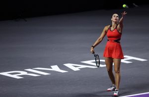 FILE PHOTO: Tennis - WTA Finals - Riyadh - King Saud University Indoor Arena, Riyadh, Saudi Arabia - November 8, 2025 Belarus' Aryna Sabalenka in action during her final match against Kazakhstan's Elena Rybakina