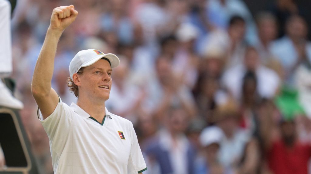 Jul 10, 2026; London, United Kingdom; Jannik Sinner of Italy celebrates winning his semifinal match against Novak Djokovic of Serbia on day 12 at All England Lawn Tennis and Croquet Club