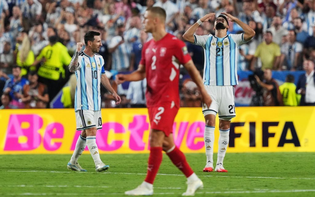 Soccer Football - FIFA World Cup 2026 - Quarter Final - Argentina v Switzerland - Kansas City Stadium, Kansas City, Missouri, U.S. - July 11, 2026 Argentina's Lionel Messi and Jose Manuel Lopez celebrate after the match