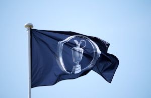 Golf - The 154th Open Championship - Royal Birkdale Golf Club, Southport, Britain - July 13, 2026 General view of a flag with the Claret Jug trophy during practice