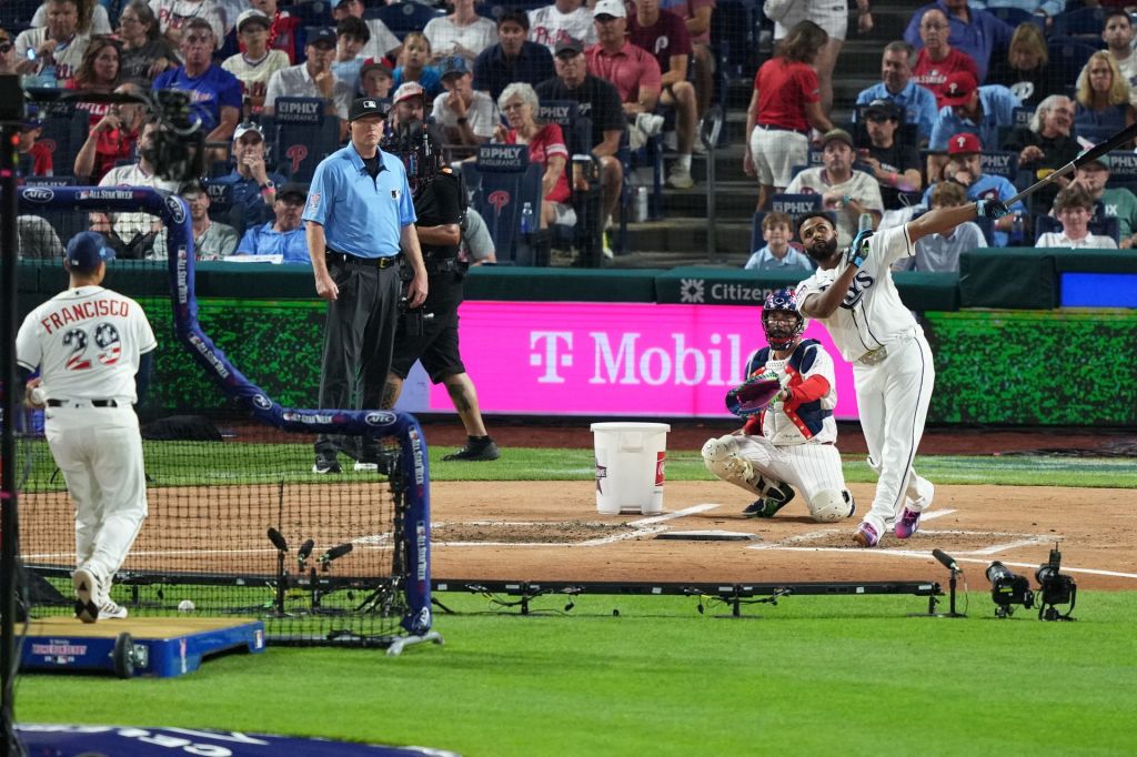 Jul 13, 2026; Philadelphia, PA, USA; Tampa Bay Rays third baseman Junior Caminero (13) bats in the second round of the All Star-Home Run Derby at Citizens Bank Park.
