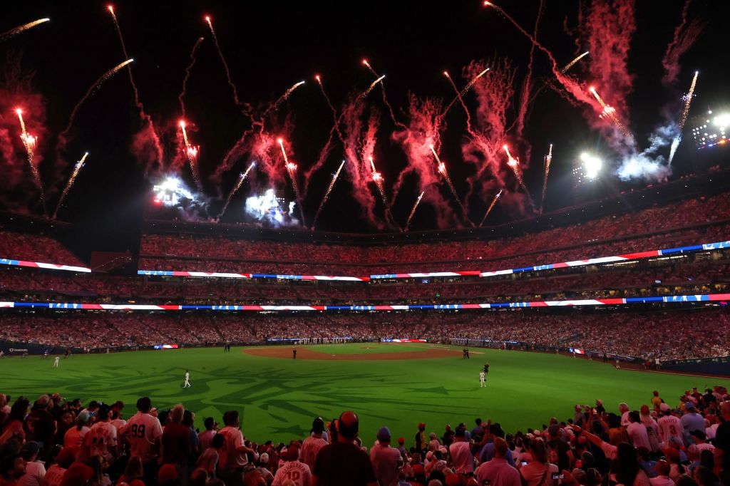 Jul 14, 2026; Philadelphia, Pennsylvania, USA; General view of fireworks over Citizens Bank Park during the fourth inning of the All-Star Game.