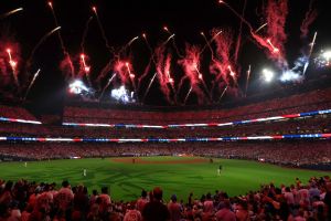 Jul 14, 2026; Philadelphia, Pennsylvania, USA; General view of fireworks over Citizens Bank Park during the fourth inning of the All-Star Game.
