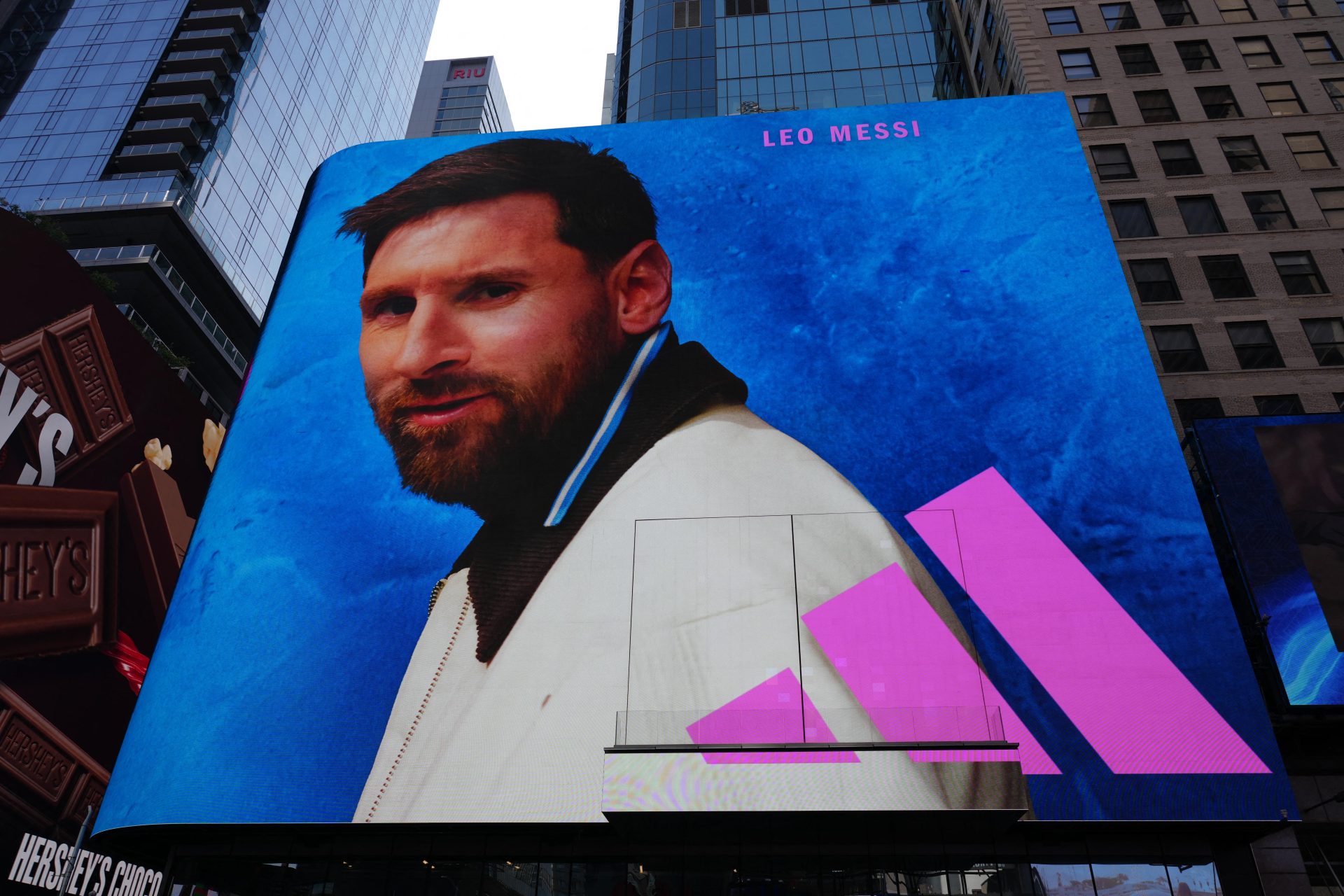 Jul 15, 2026; New York, NY, USA; An Adidas advertisement featuring Lionel Messi for the FIFA World Cup 2026 at Times Square.