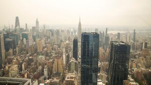 The New York City skyline and the Empire State Building are seen from the Edge observation deck through a cover of wildfire smoke in New York City, U.S., July 16, 2026. REUTERS/Eduardo Munoz
