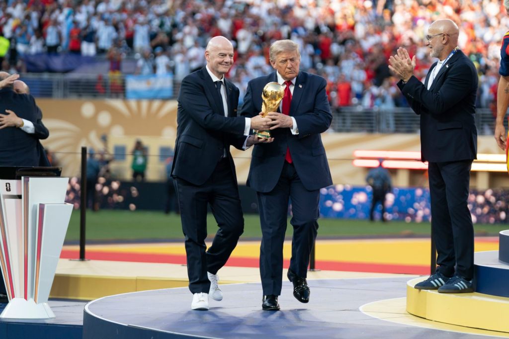 President Donald Trump and FIFA President Gianni Infantino present the World Cup Trophy to Spain during the FIFA World Cup 2026 final between Argentina and Spain at New York New Jersey Stadium on Sunday, July 19, 2026, in East Rutherford, NJ.