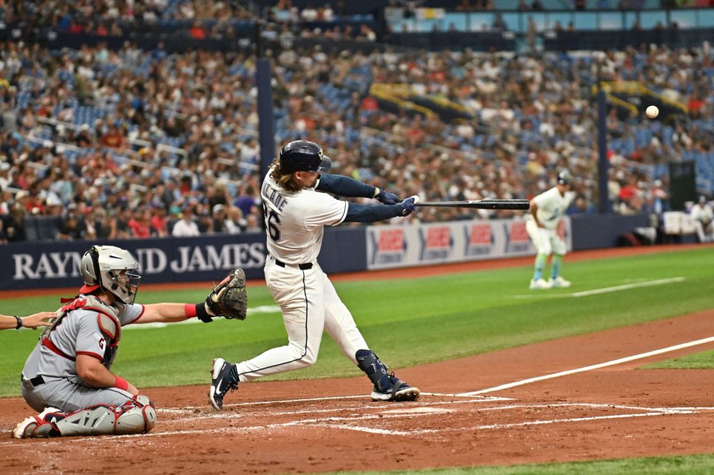 Jul 24, 2026; St. Petersburg, Florida, USA; Tampa Bay Rays second baseman Ryan Vilade (26) hits a two run home run in the second inning against the Tampa Bay Rays at Tropicana Field.