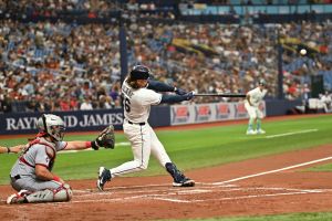 Jul 24, 2026; St. Petersburg, Florida, USA; Tampa Bay Rays second baseman Ryan Vilade (26) hits a two run home run in the second inning against the Tampa Bay Rays at Tropicana Field.