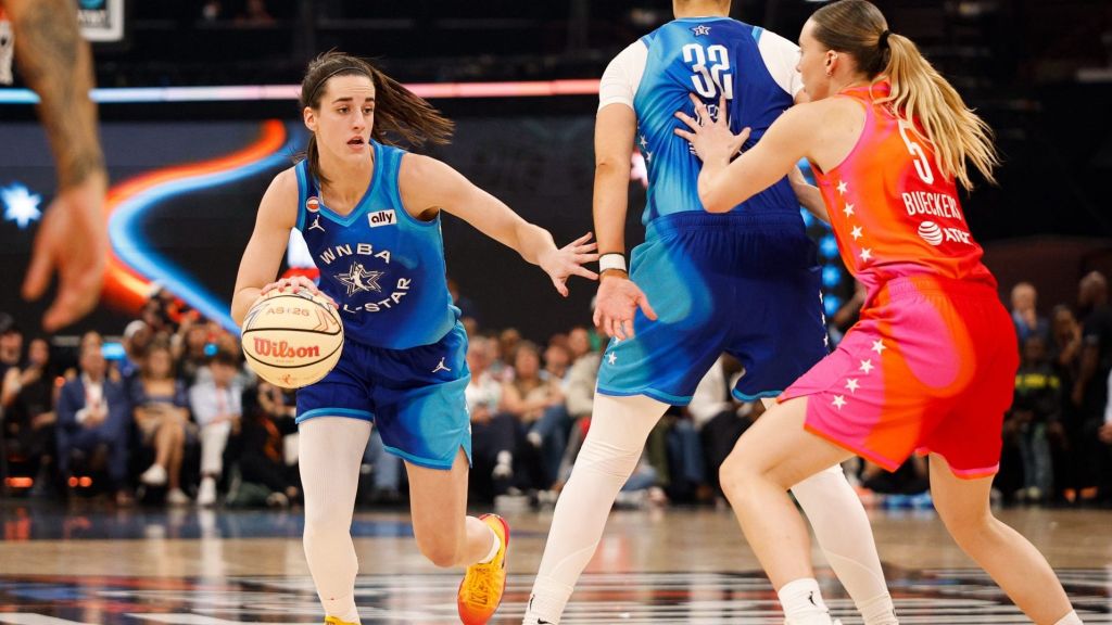 Jul 25, 2026; Chicago, Illinois, USA; Team Spoon guard Caitlin Clark (22) drives the ball in the second half against Team Coop during the 2026 WNBA All Star Game at United Center.