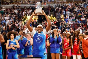 Jul 25, 2026; Chicago, Illinois, USA; Team Spoon center Jonquel Jones (35) holds the All Star MVP trophy during the 2026 WNBA All Star Game at United Center.