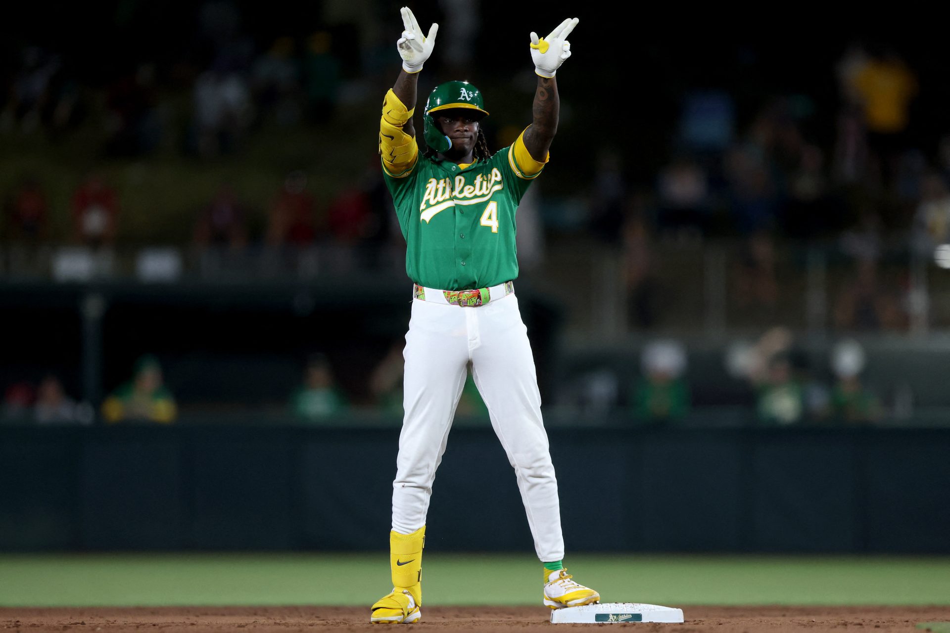 Jul 28, 2026; West Sacramento, California, USA; Athletics outfielder Lawrence Butler (4) gestures after hitting a RBI double against the Boston Red Sox during the eighth inning at Sutter Health Park.