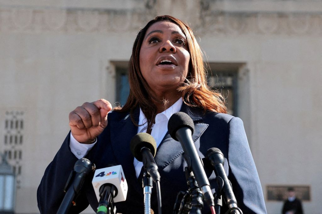 FILE PHOTO: New York Attorney General Letitia James speaks to the media in Norfolk, Virginia, U.S., October 24, 2025.