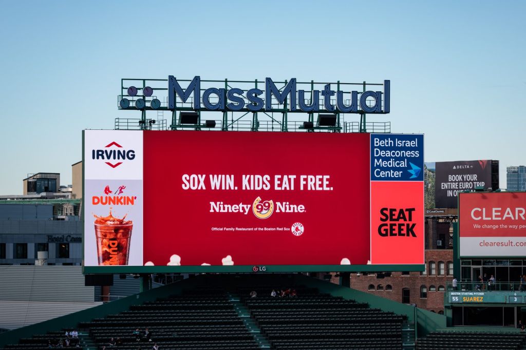 April 17, 2026, Boston, MA: Sponsor Signage is displayed during the game between the Detroit Tigers and the Boston Red Sox at Fenway Park in Boston, Massachusetts. Friday, April 17, 2026.