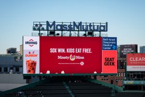 April 17, 2026, Boston, MA: Sponsor Signage is displayed during the game between the Detroit Tigers and the Boston Red Sox at Fenway Park in Boston, Massachusetts. Friday, April 17, 2026.