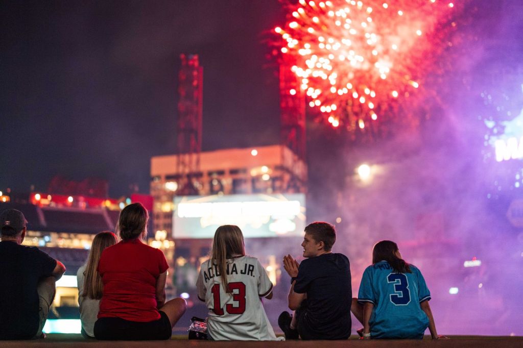 ATLANTA, GA - AUGUST 8: Fireworks against the Miami Marlins at Truist Park on August 8, 2025 in Atlanta, Georgia