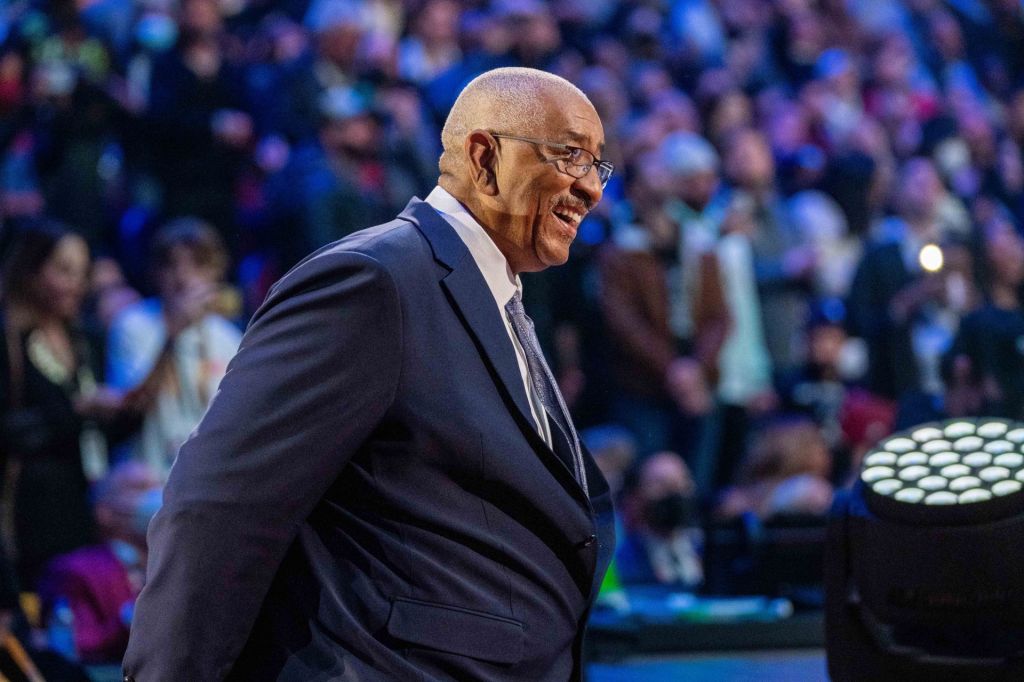 February 20, 2022; Cleveland, Ohio, USA; NBA great George Gervin is honored for being selected to the NBA 75th Anniversary Team during halftime in the 2022 NBA All-Star Game at Rocket Mortgage FieldHouse.
