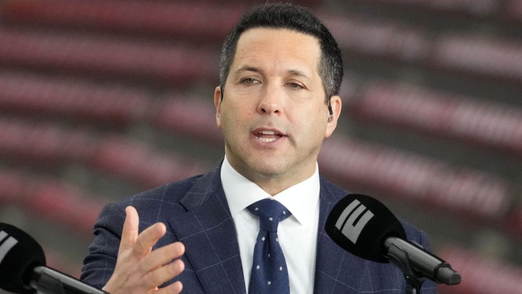 Jan 8, 2024; Houston, TX, USA; Adam Schefter talks on a set before the 2024 College Football Playoff national championship game between the Michigan Wolverines and the Washington Huskies at NRG Stadium. Mandatory Credit: Kirby Lee-USA TODAY Sports