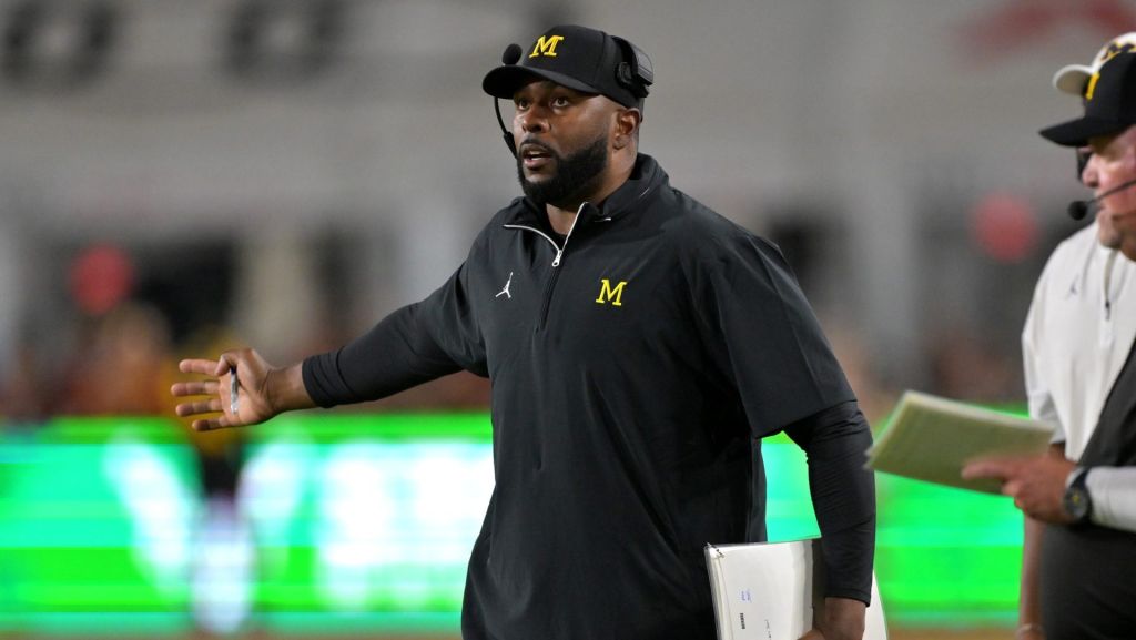 Oct 11, 2025; Los Angeles, California, USA; Michigan Wolverines head coach Sherrone Moore in the second half against the USC Trojans at United Airlines Field at the Los Angeles Memorial Coliseum.