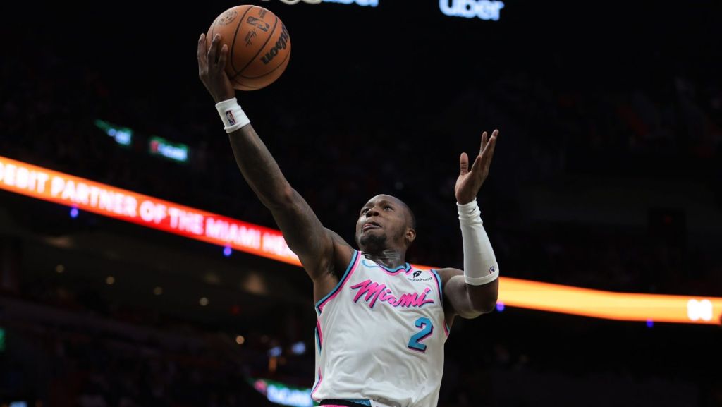 Jan 17, 2025; Miami, Florida, USA; Miami Heat guard Terry Rozier (2) drives to the basket against the Denver Nuggets during the fourth quarter at Kaseya Center. Mandatory Credit: Sam Navarro-Imagn Images